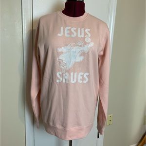 NWOT Fleece JESUS SAVES Graphic Pink Pullover Sweatshirt District V.I.T.